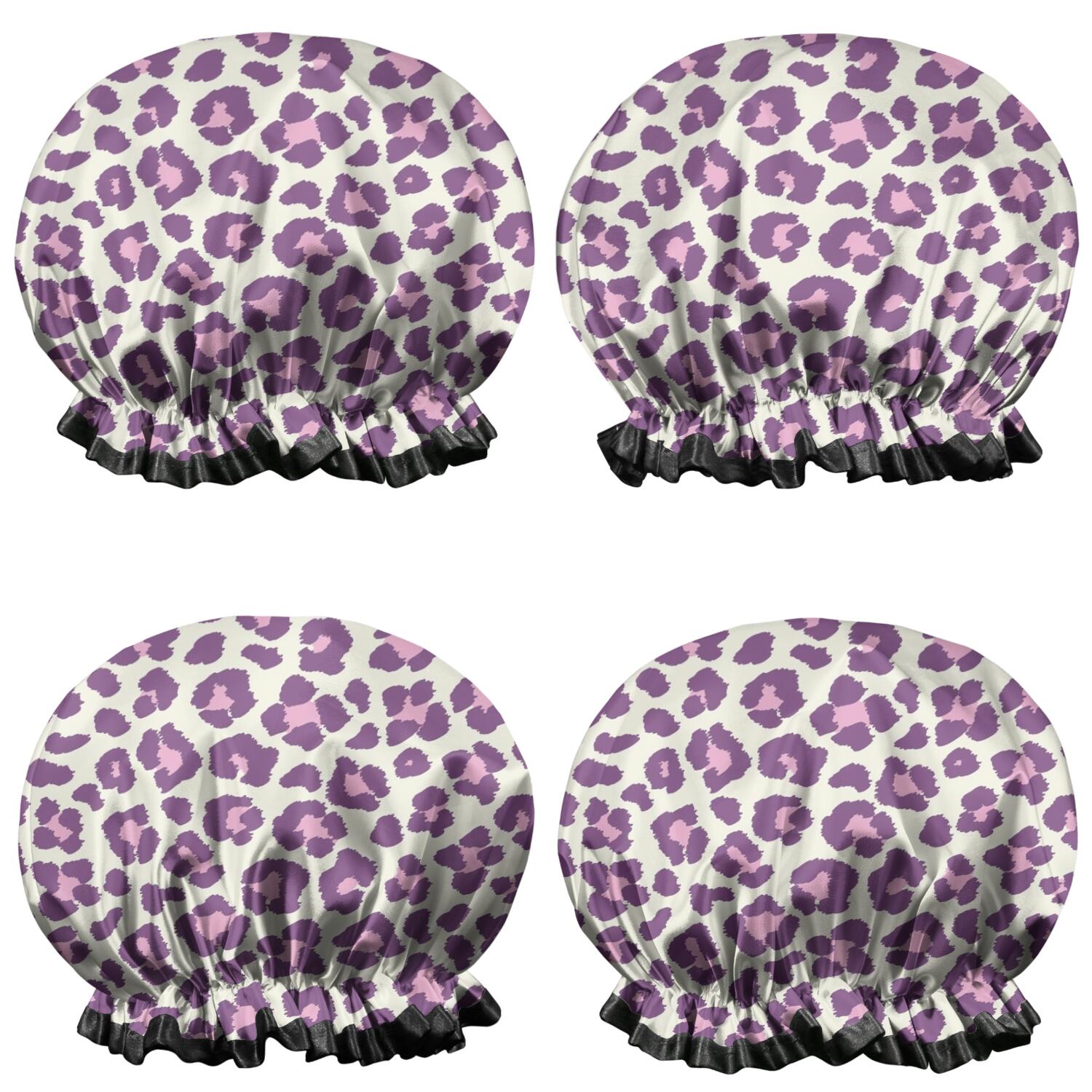 Shower Caps,Light Green and Purple Of Leopard Print Waterproof Shower Cap for Women 4 Pieces,Double Reusable Hair Cover for Shower PEVA Elastic Stretch Hem