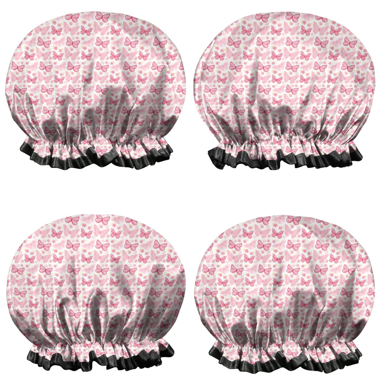 Shower Caps,Light Pink Butterfly Pattern Waterproof Shower Cap for Women 4 Pieces,Double Reusable Hair Cover for Shower PEVA Elastic Stretch Hem