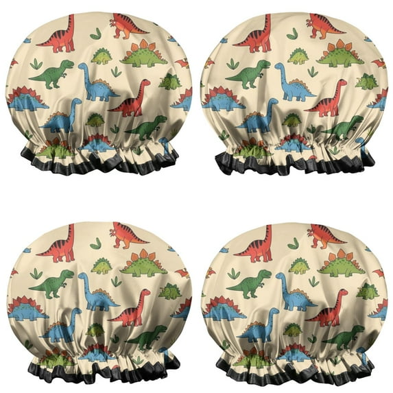 Shower Caps,LightBeige Cartoon Dinosaurs Plants Pattern Waterproof Shower Cap for Women 4 Pieces,Double Reusable Hair Cover for Shower PEVA Elastic Stretch Hem