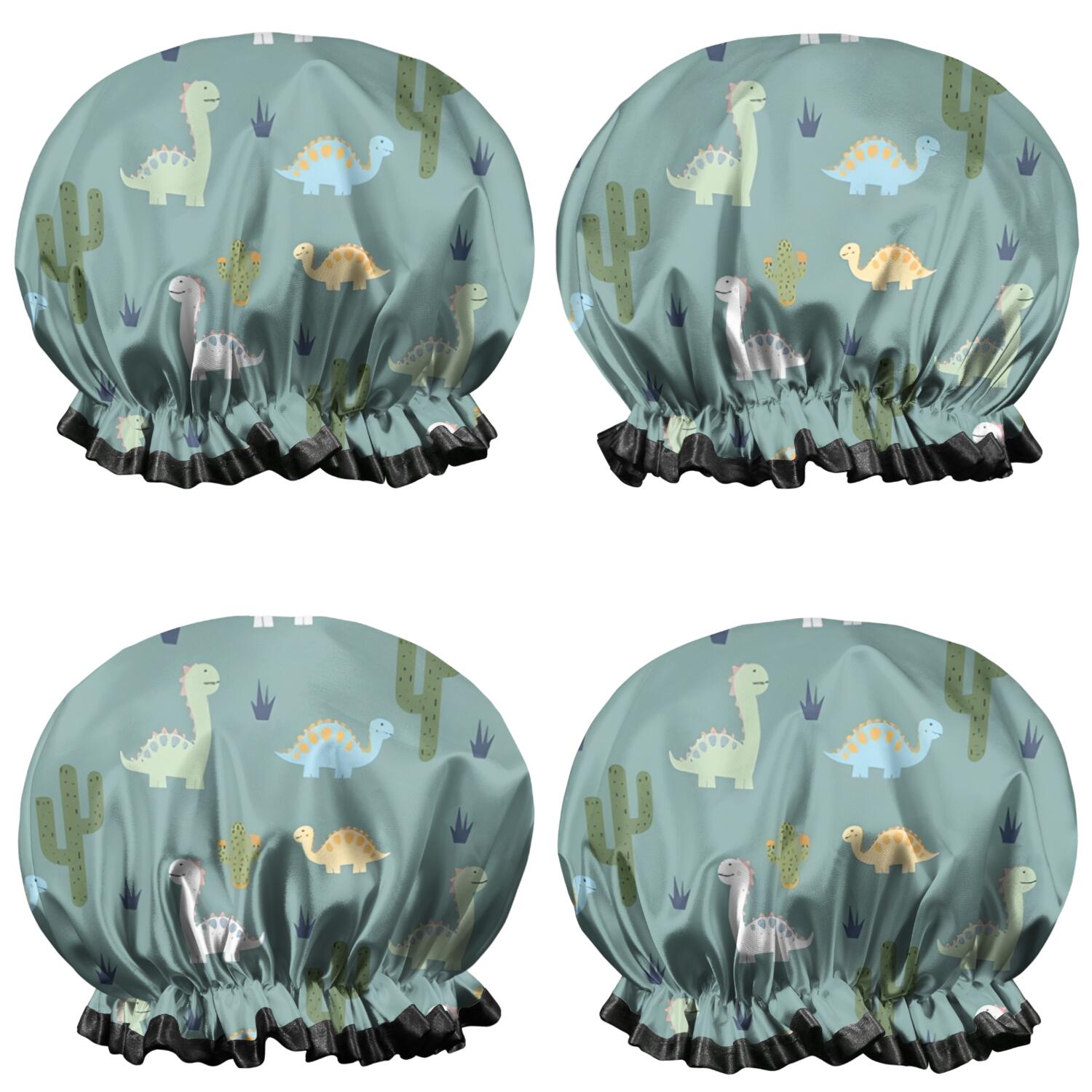 Shower Caps,LightBlue Cartoon Dinosaurs Cacti Pattern Waterproof Shower Cap for Women 4 Pieces,Double Reusable Hair Cover for Shower PEVA Elastic Stretch Hem
