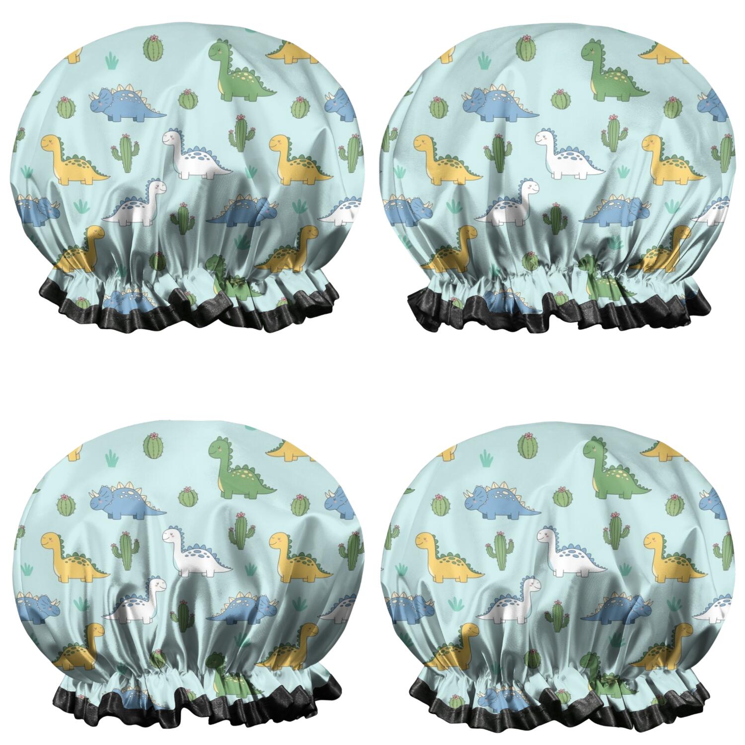 Shower Caps,LightBlue Cartoon Dinosaurs Cacti Pattern Waterproof Shower Cap for Women 4 Pieces,Double Reusable Hair Cover for Shower PEVA Elastic Stretch Hem