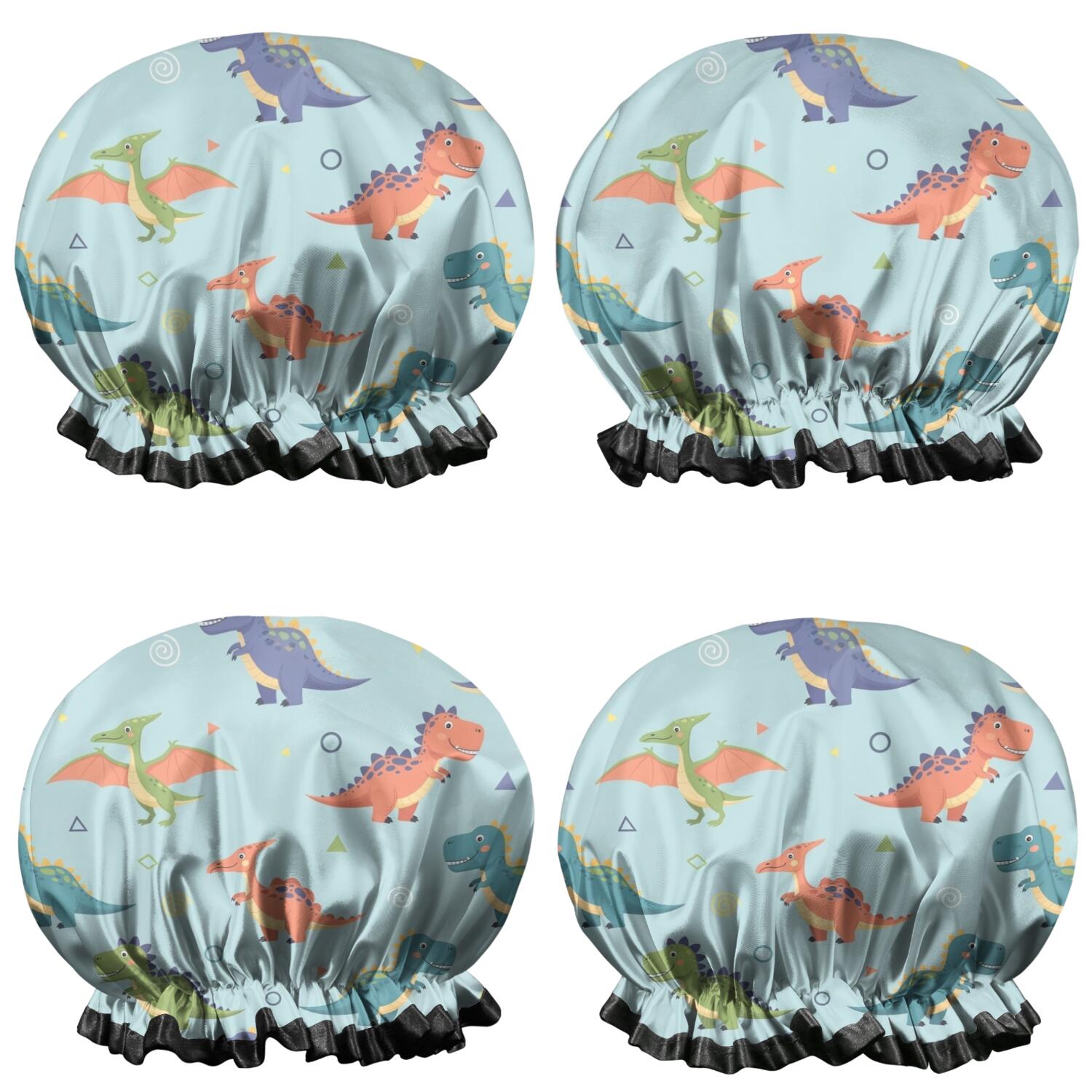 Shower Caps,LightBlue Cartoon Dinosaurs Geometric Pattern Waterproof Shower Cap for Women 4 Pieces,Double Reusable Hair Cover for Shower PEVA Elastic Stretch Hem