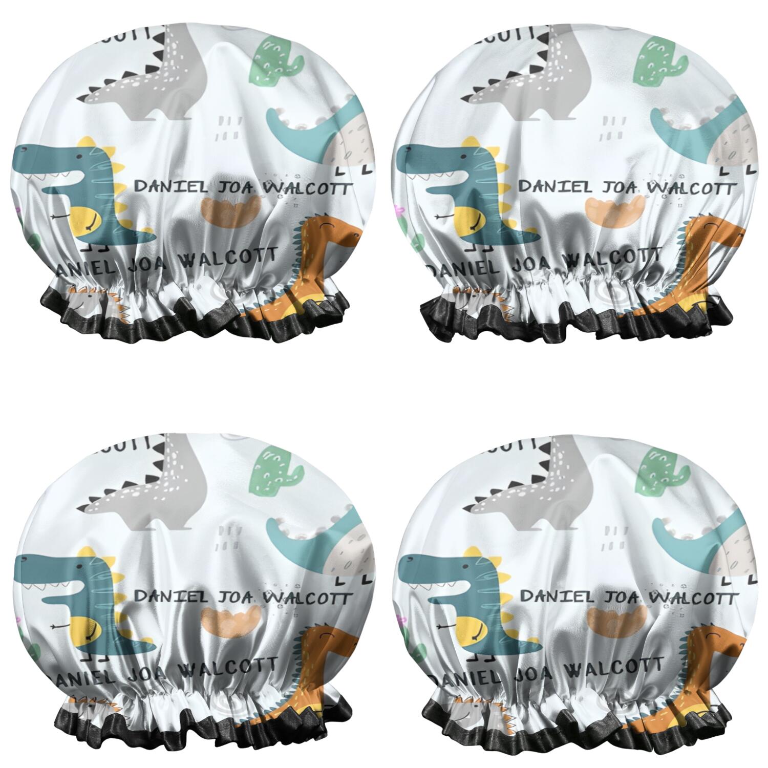 Shower Caps,LightBlue Cartoon Dinosaurs Name Pattern Waterproof Shower Cap for Women 4 Pieces,Double Reusable Hair Cover for Shower PEVA Elastic Stretch Hem