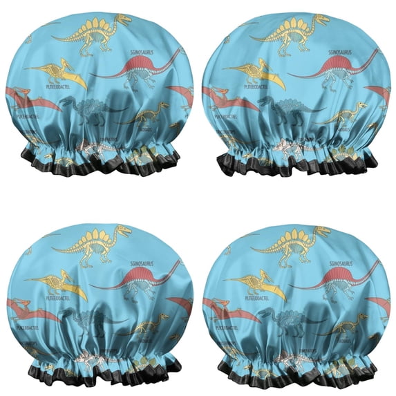 Shower Caps,LightBlue Cartoon Dinosaurs Skeletons Pattern Waterproof Shower Cap for Women 4 Pieces,Double Reusable Hair Cover for Shower PEVA Elastic Stretch Hem