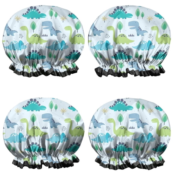 Shower Caps,LightBlue Cartoon Dinosaurs Trees Pattern Waterproof Shower Cap for Women 4 Pieces,Double Reusable Hair Cover for Shower PEVA Elastic Stretch Hem