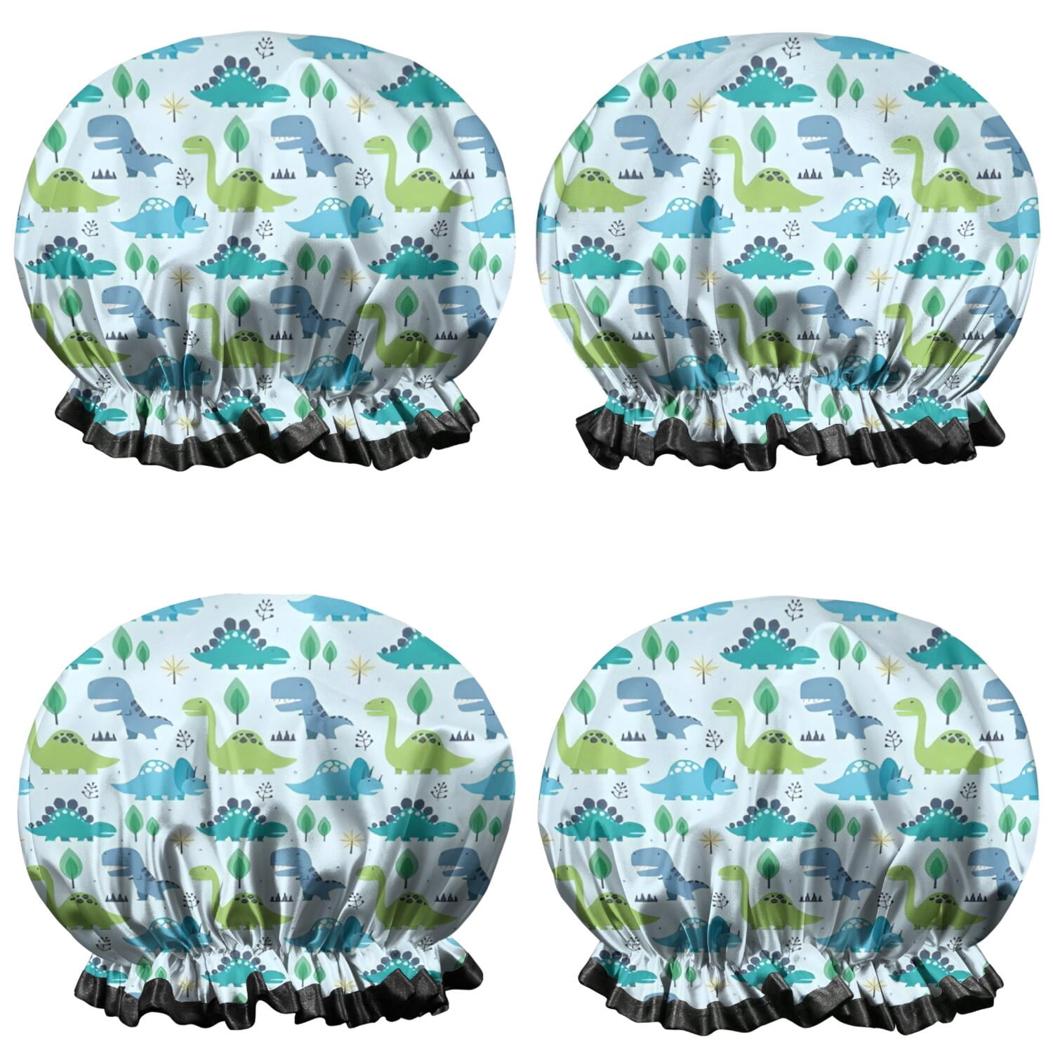 Shower Caps,LightBlue Cartoon Dinosaurs Trees Stars Pattern Waterproof Shower Cap for Women 4 Pieces,Double Reusable Hair Cover for Shower PEVA Elastic Stretch Hem
