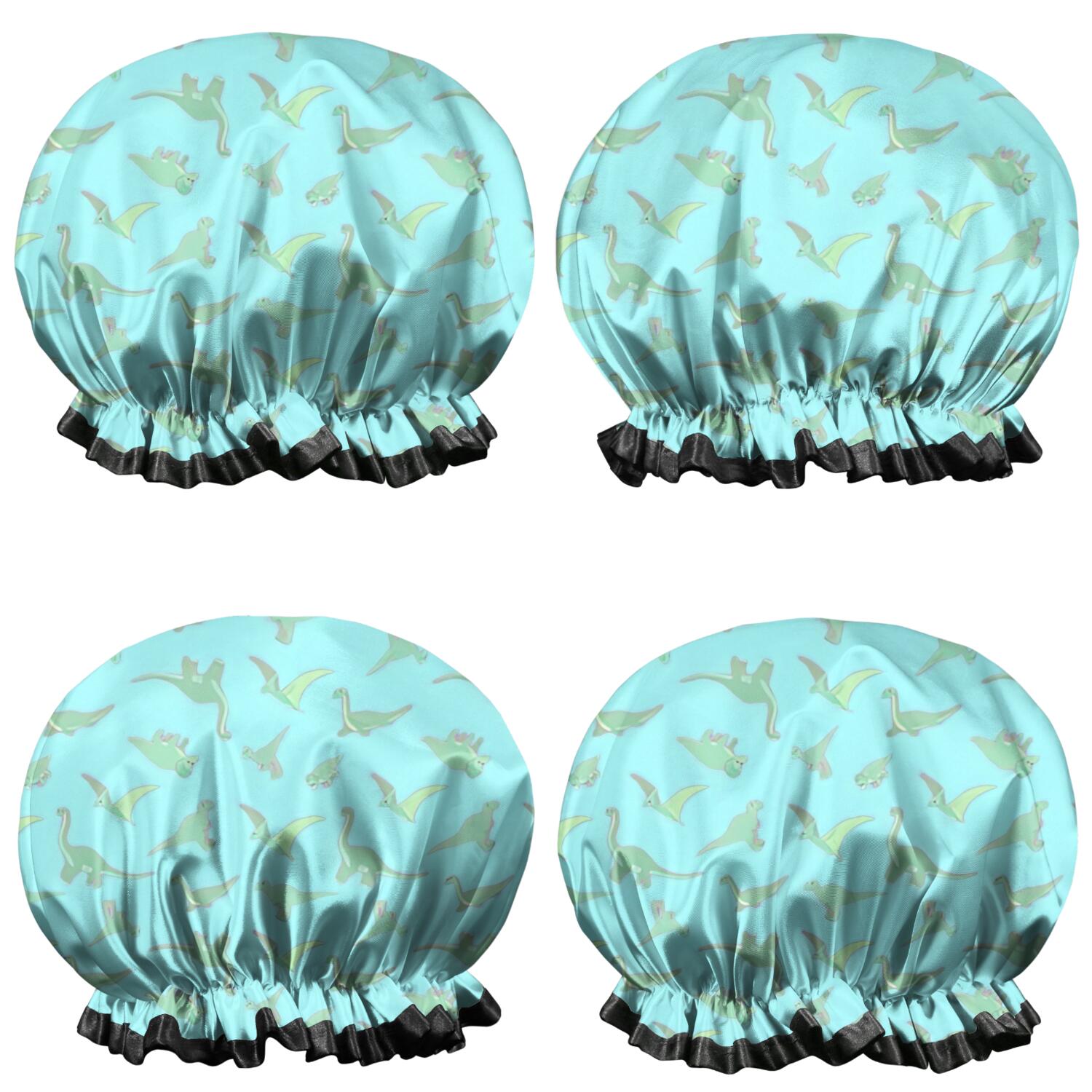 Shower Caps,LightBlue Cartoon Dinosaurs VariedShapes Pattern Waterproof Shower Cap for Women 4 Pieces,Double Reusable Hair Cover for Shower PEVA Elastic Stretch Hem