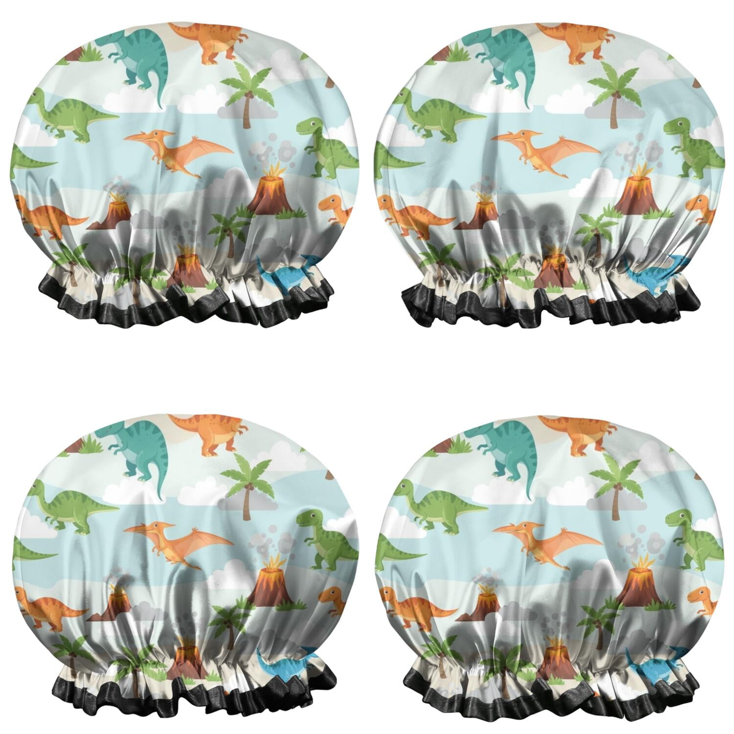 Shower Caps,LightBlue Cartoon Dinosaurs Volcanoes Palms Patter Waterproof Shower Cap for Women 4 Pieces,Double Reusable Hair Cover for Shower PEVA Elastic Stretch Hem