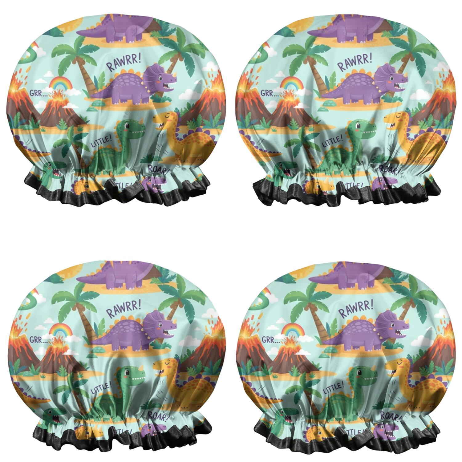Shower Caps,LightBlue Cartoon Dinosaurs Volcanoes Pattern Waterproof Shower Cap for Women 4 Pieces,Double Reusable Hair Cover for Shower PEVA Elastic Stretch Hem