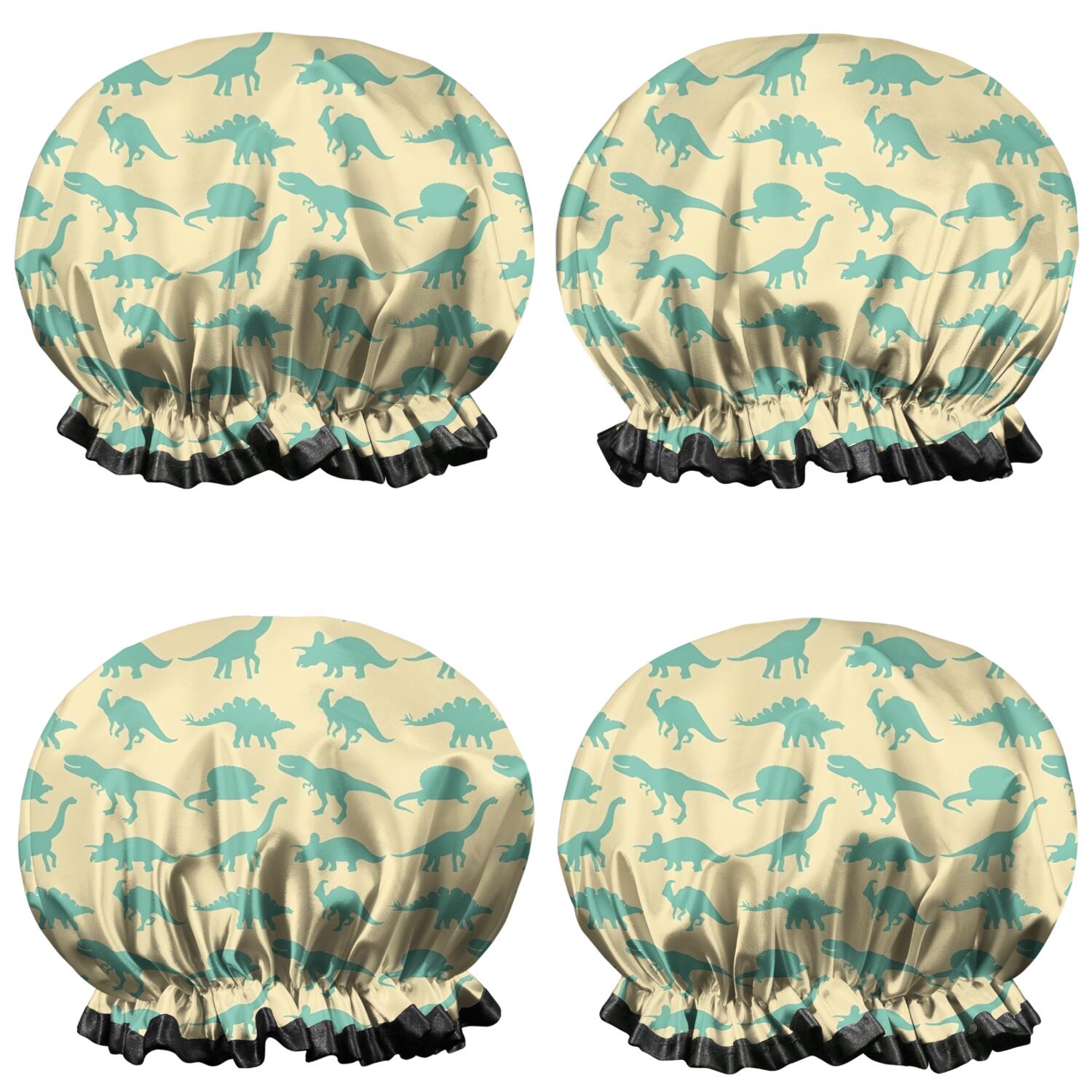 Shower Caps,LightYellow Green Dinosaurs Silhouettes Pattern Waterproof Shower Cap for Women 4 Pieces,Double Reusable Hair Cover for Shower PEVA Elastic Stretch Hem