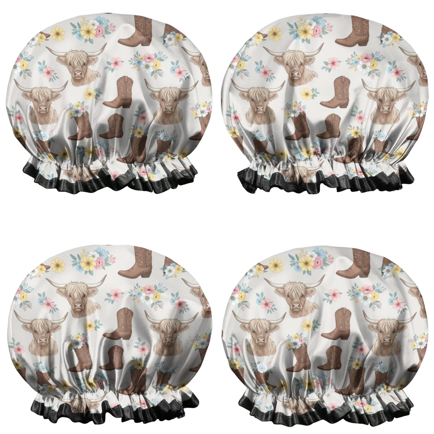 Shower Caps,Lightgray Highland Cow Boot Flower Pattern Waterproof Shower Cap for Women 4 Pieces,Double Reusable Hair Cover for Shower PEVA Elastic Stretch Hem