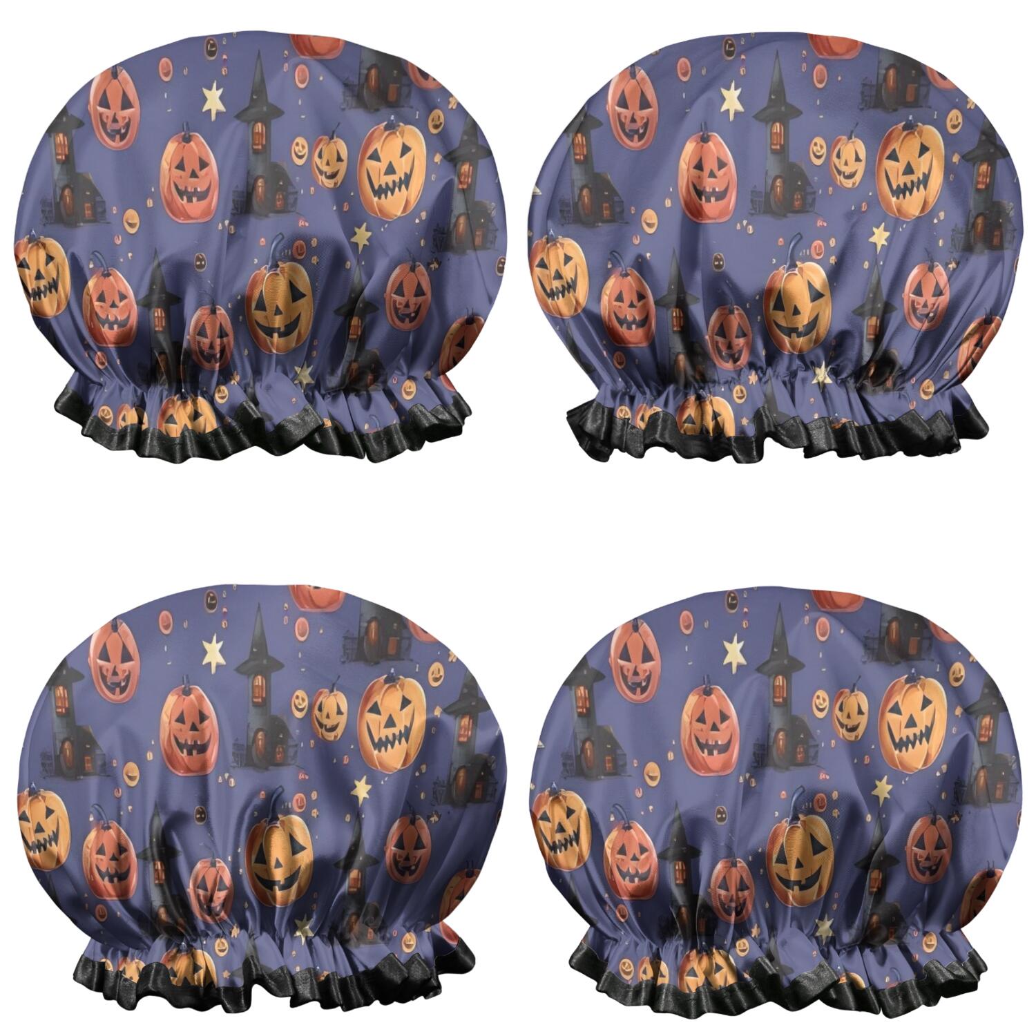 Shower Caps,Magical Pumpkin Castle Halloween Pattern Waterproof Shower Cap for Women 4 Pieces,Double Reusable Hair Cover for Shower PEVA Elastic Stretch Hem