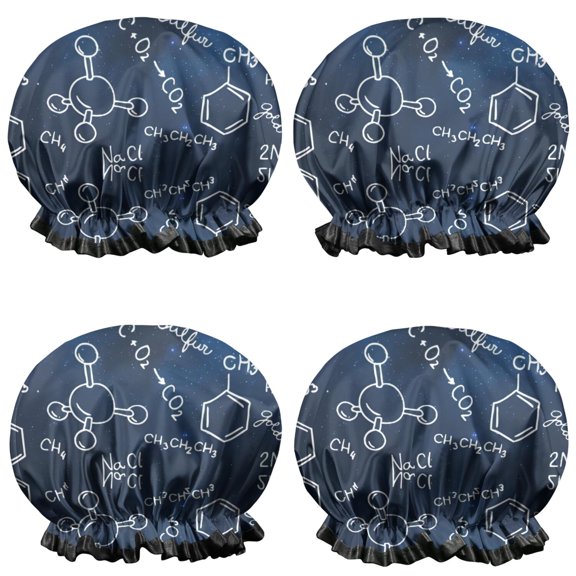 Shower Caps,Math Equations Chemical Structures Blue Pattern Waterproof Shower Cap for Women 4 Pieces,Double Reusable Hair Cover for Shower PEVA Elastic Stretch Hem
