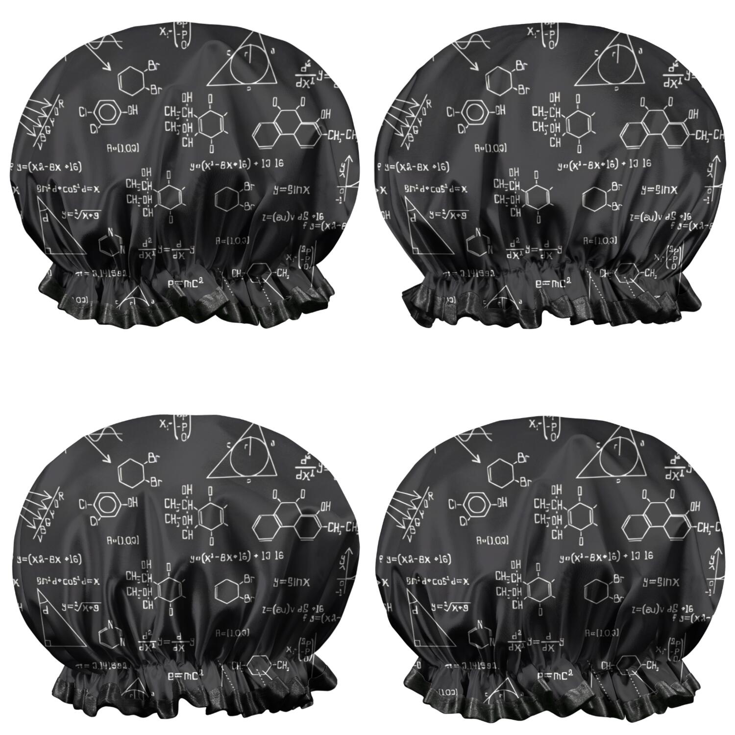 Shower Caps,Math Equations Chemistry Symbols Black Pattern Waterproof Shower Cap for Women 4 Pieces,Double Reusable Hair Cover for Shower PEVA Elastic Stretch Hem