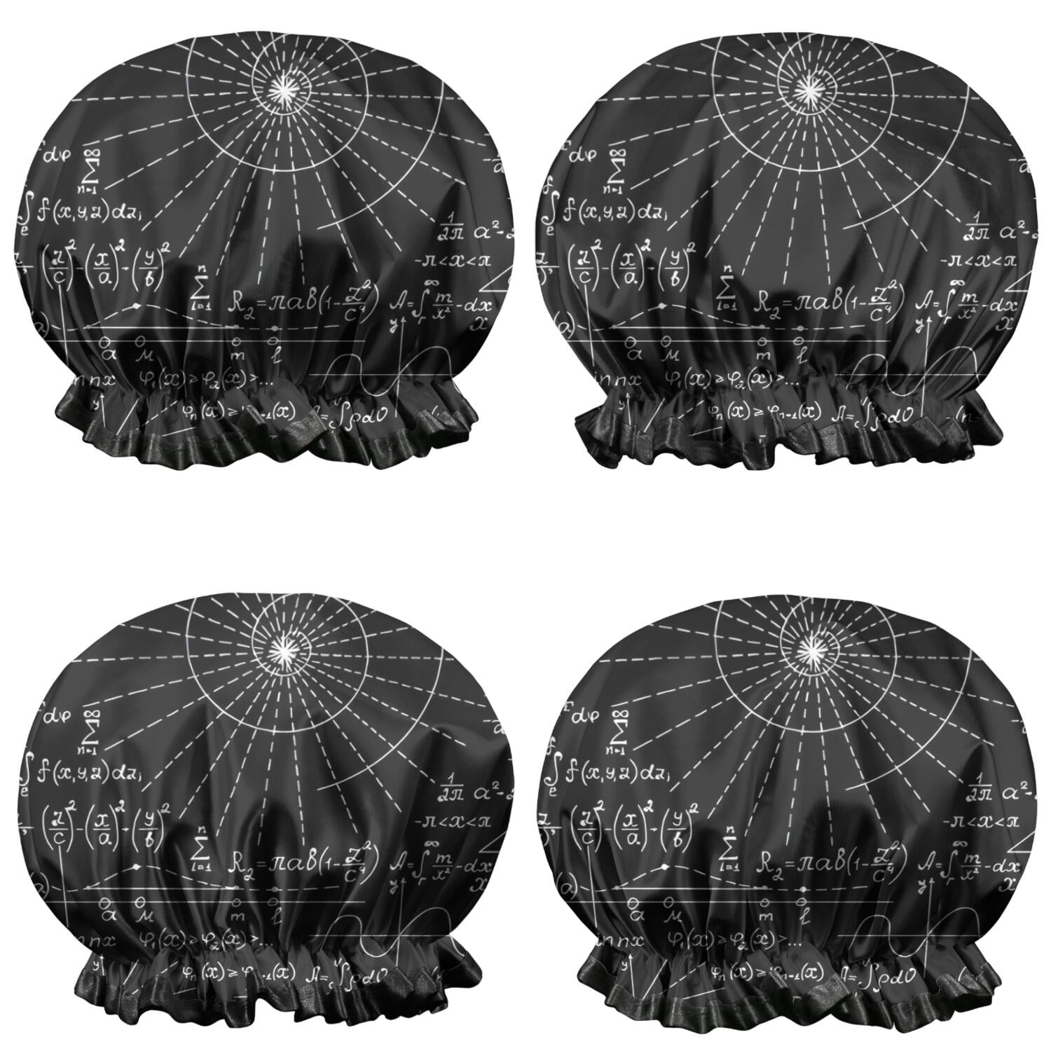 Shower Caps,Math Equations Geometry Shapes Black Pattern Waterproof Shower Cap for Women 4 Pieces,Double Reusable Hair Cover for Shower PEVA Elastic Stretch Hem