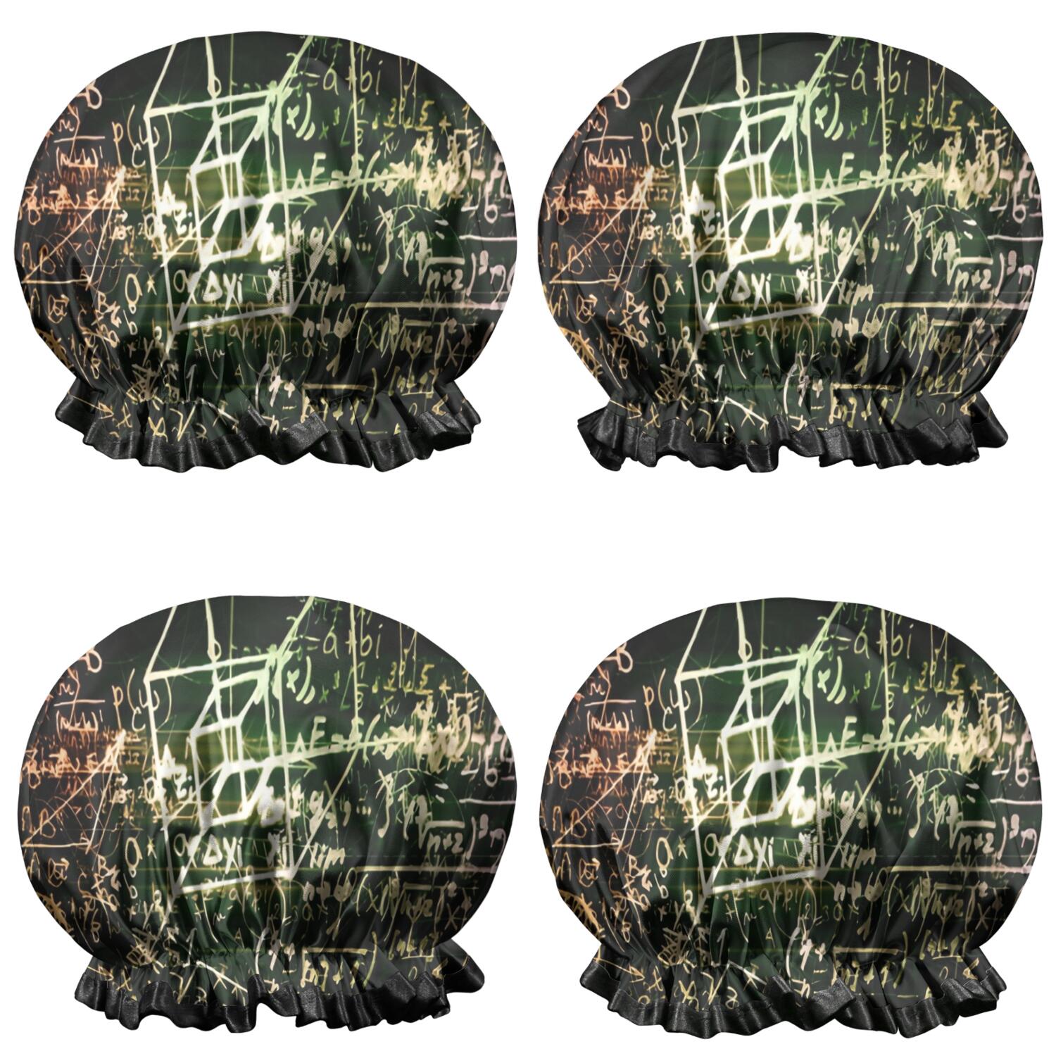Shower Caps,Math Equations Glowing Formulas Black Pattern Waterproof Shower Cap for Women 4 Pieces,Double Reusable Hair Cover for Shower PEVA Elastic Stretch Hem