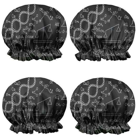 Shower Caps,Math Equations Lab Tools Black Pattern Waterproof Shower Cap for Women 4 Pieces,Double Reusable Hair Cover for Shower PEVA Elastic Stretch Hem