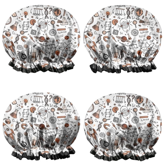 Shower Caps,Math Equations Science Icons White Pattern Waterproof Shower Cap for Women 4 Pieces,Double Reusable Hair Cover for Shower PEVA Elastic Stretch Hem