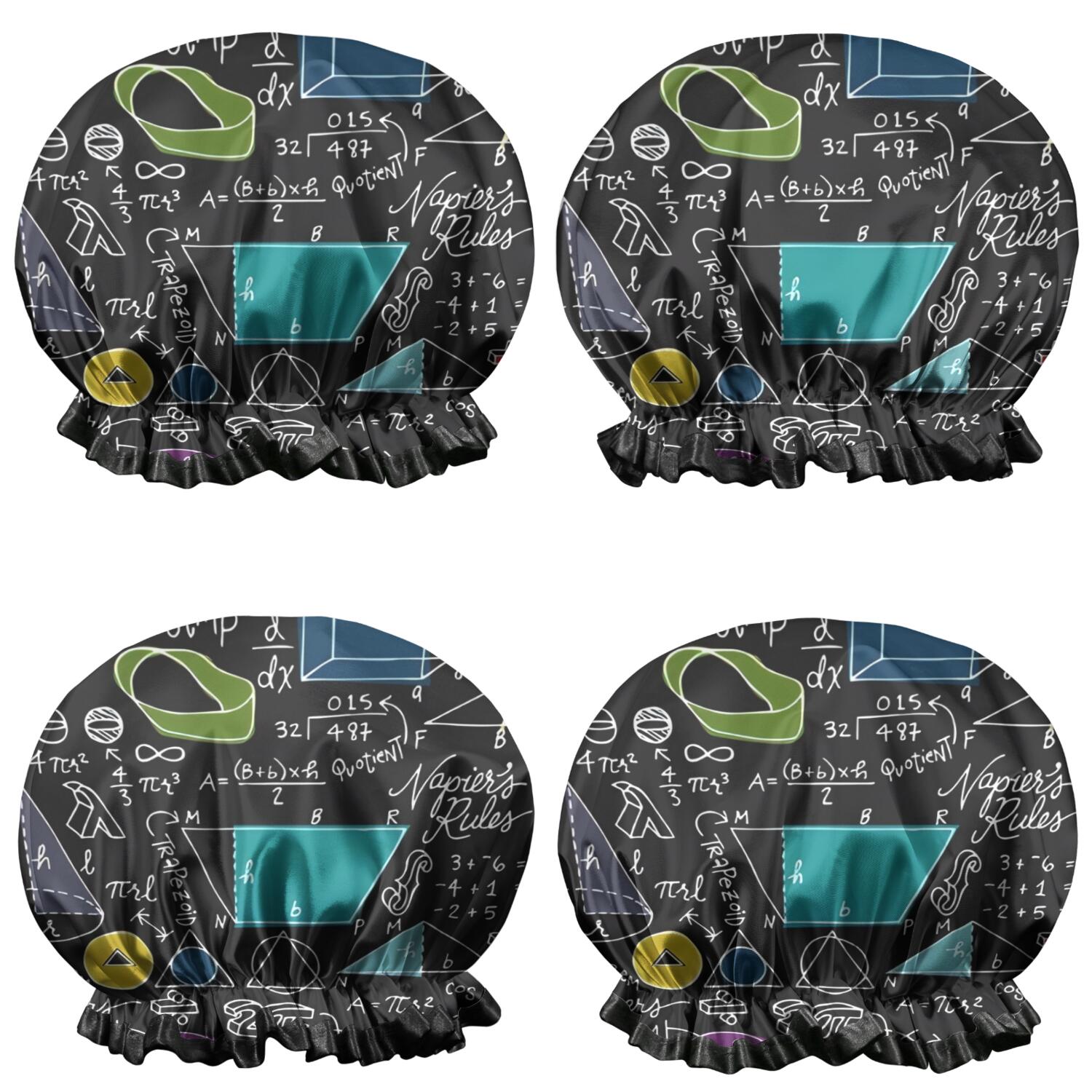 Shower Caps,Math Equations Symbols Black Pattern Waterproof Shower Cap for Women 4 Pieces,Double Reusable Hair Cover for Shower PEVA Elastic Stretch Hem