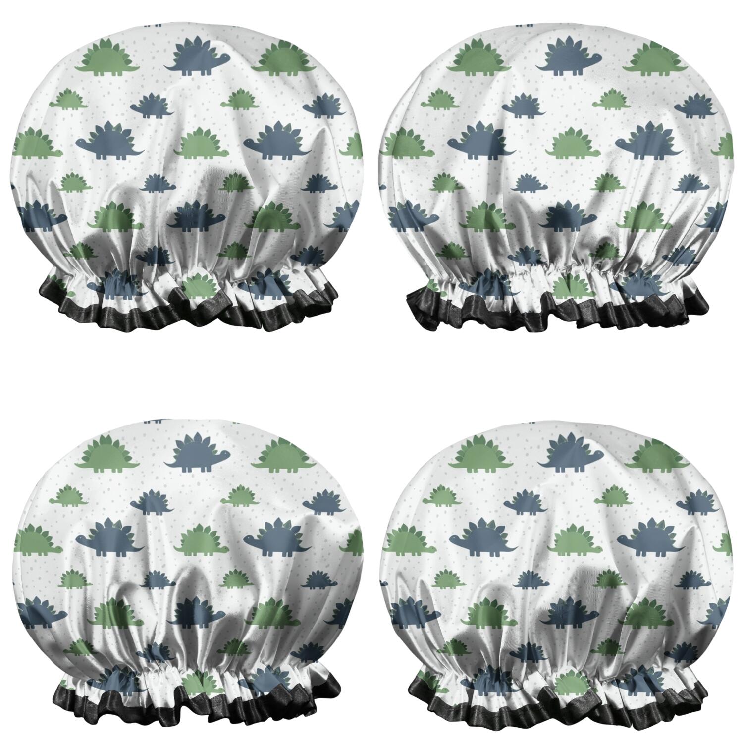 Shower Caps,Monochrome Dinosaur Silhouette Pattern Waterproof Shower Cap for Women 4 Pieces,Double Reusable Hair Cover for Shower PEVA Elastic Stretch Hem