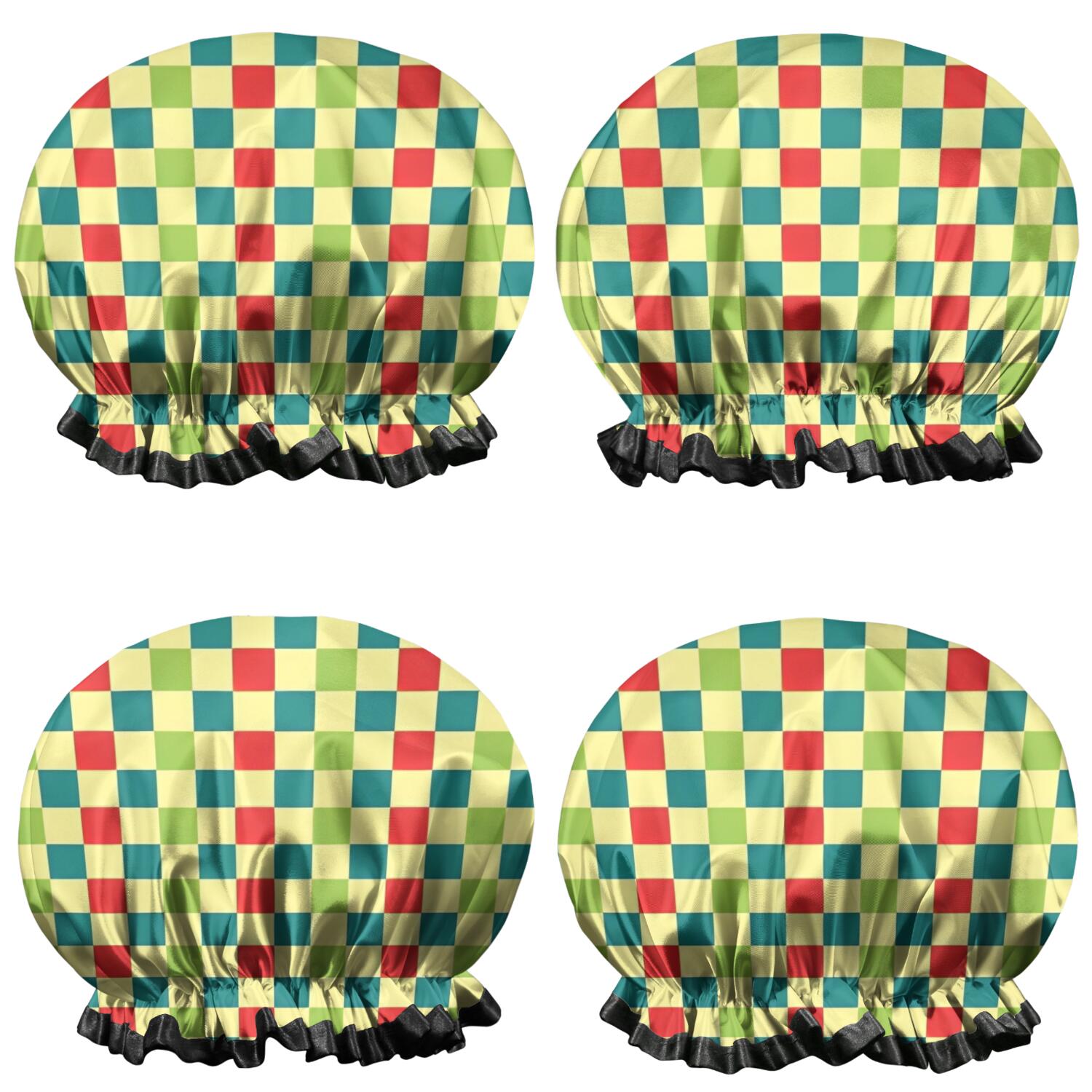 Shower Caps,Multi Color Checkerboard Checkered Pattern Waterproof Shower Cap for Women 4 Pieces,Double Reusable Hair Cover for Shower PEVA Elastic Stretch Hem