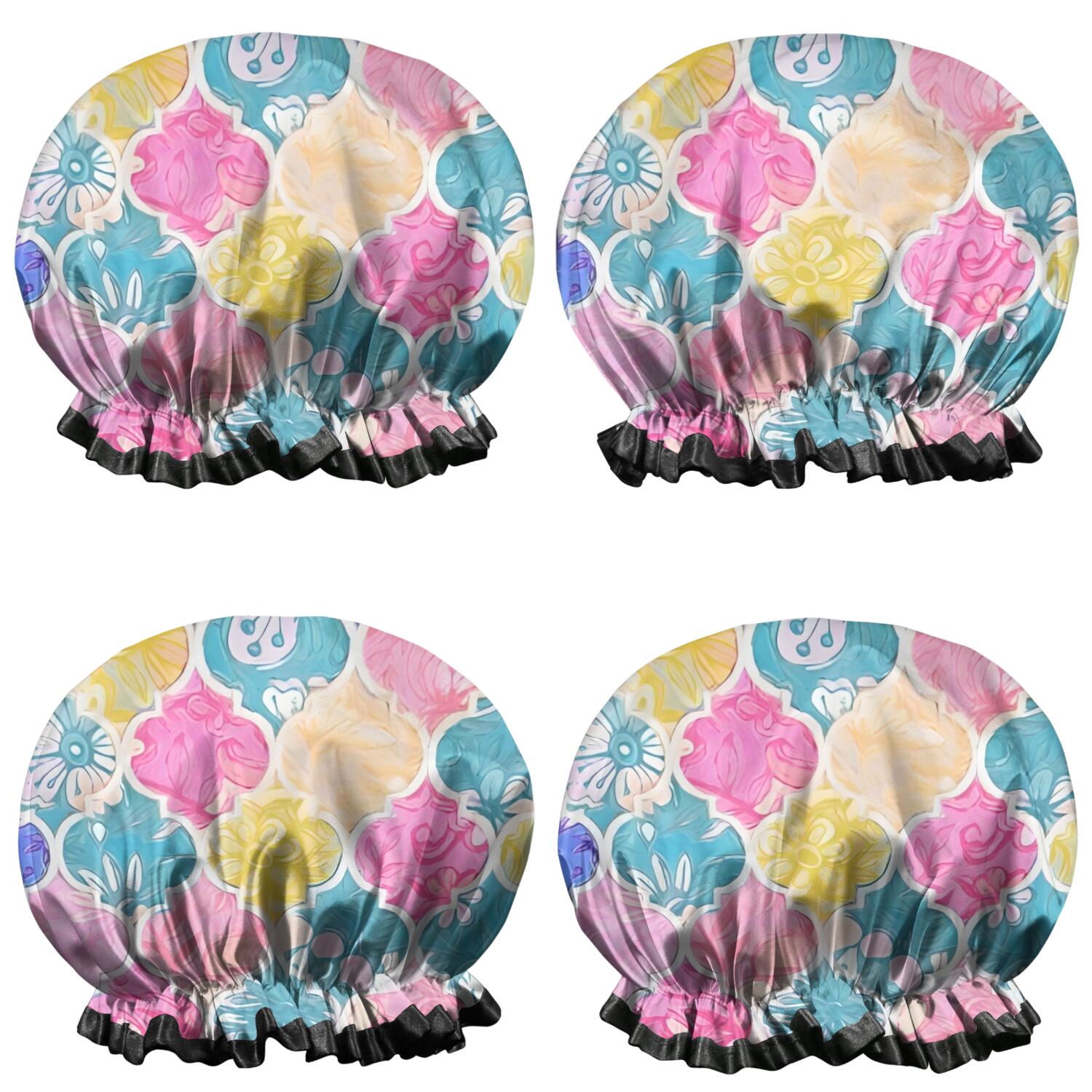 Shower Caps,Multi Color Floral Checkered Pattern Waterproof Shower Cap for Women 4 Pieces,Double Reusable Hair Cover for Shower PEVA Elastic Stretch Hem