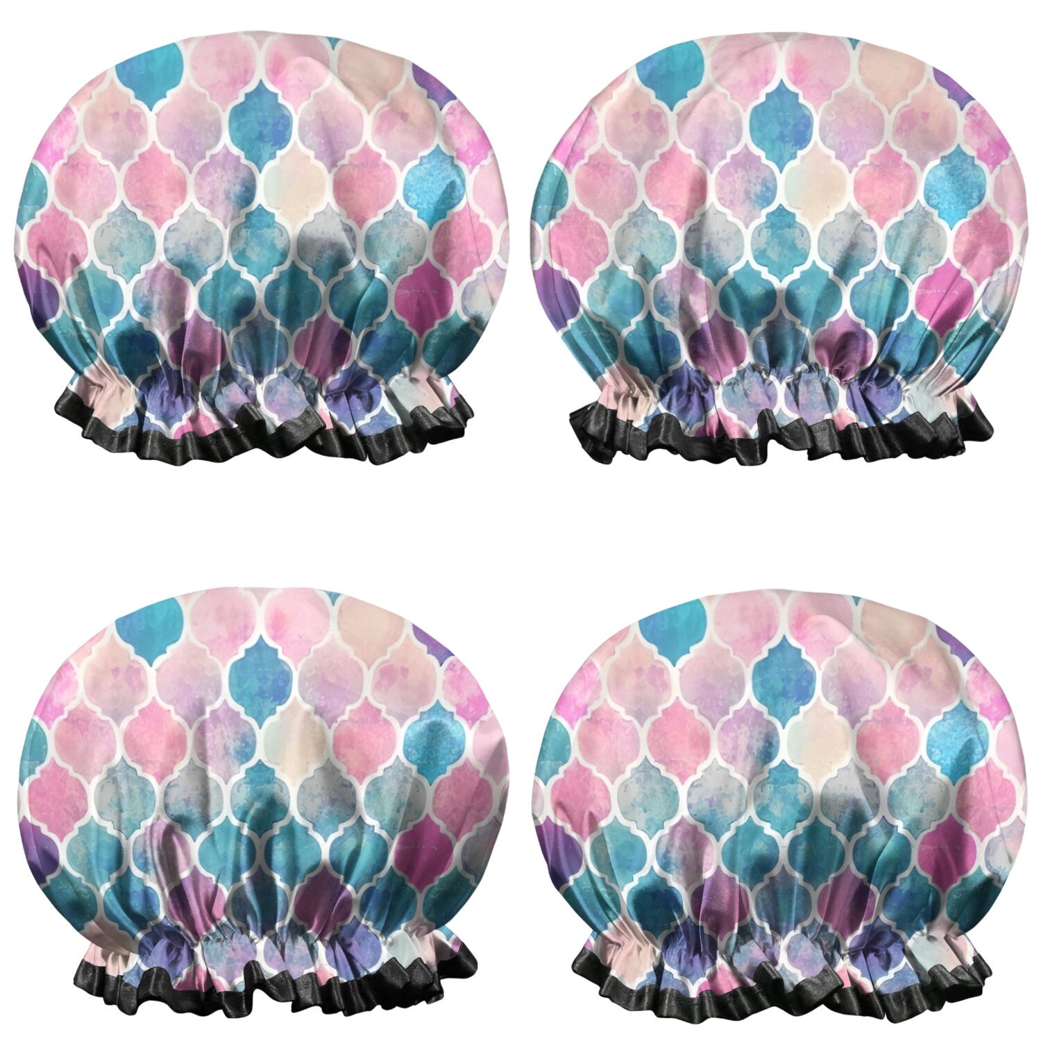 Shower Caps,Multi Color Moroccan Checkered Pattern Waterproof Shower Cap for Women 4 Pieces,Double Reusable Hair Cover for Shower PEVA Elastic Stretch Hem