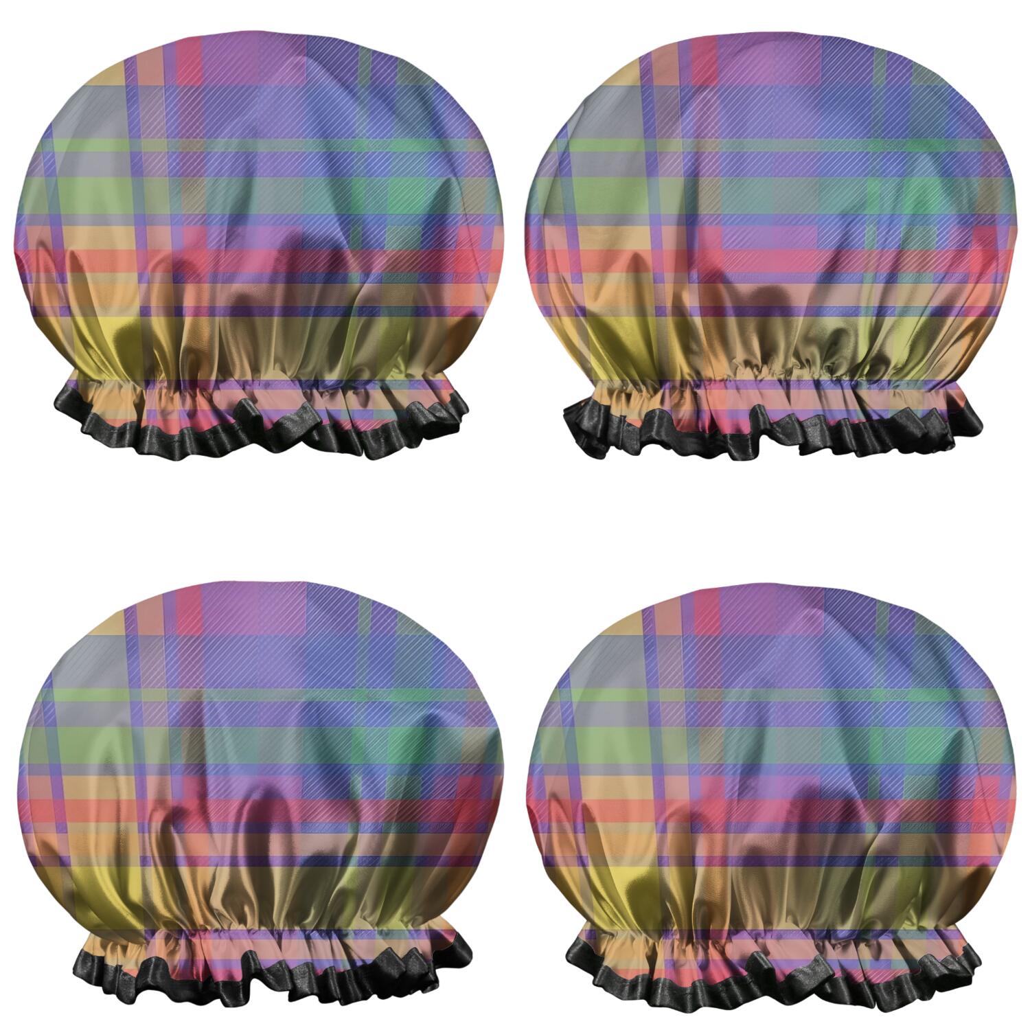 Shower Caps,Multi Color Plaid Checkered Pattern Waterproof Shower Cap for Women 4 Pieces,Double Reusable Hair Cover for Shower PEVA Elastic Stretch Hem
