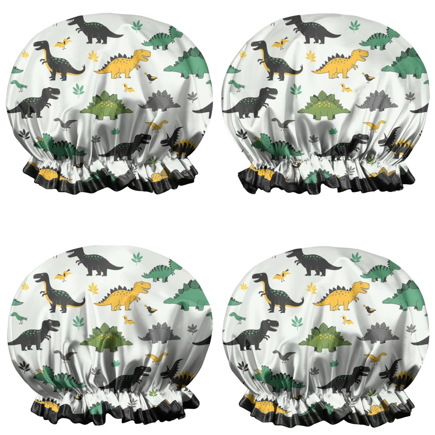Shower Caps,Multi Colored Dinosaur Assortment Pattern Waterproof Shower Cap for Women 4 Pieces,Double Reusable Hair Cover for Shower PEVA Elastic Stretch Hem