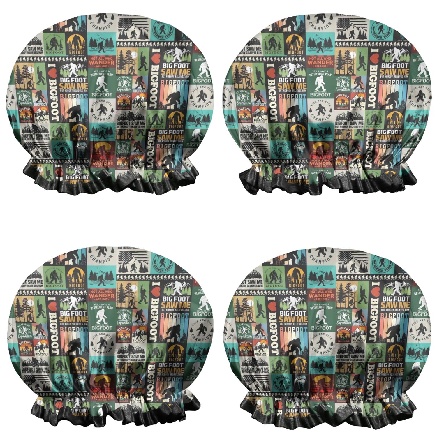 Shower Caps,Multicolor Bigfoot and Text Pattern Waterproof Shower Cap for Women 4 Pieces,Double Reusable Hair Cover for Shower PEVA Elastic Stretch Hem