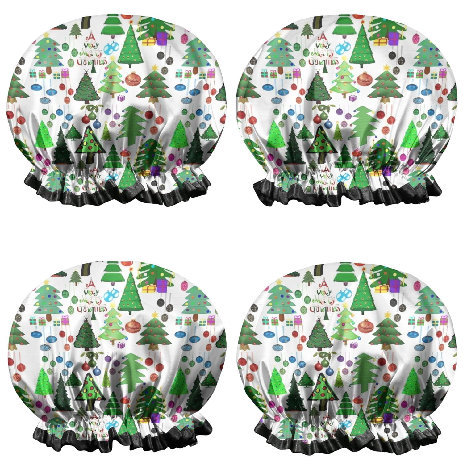 Shower Caps,Multicolor Christmas Tree Pattern Waterproof Shower Cap for Women 4 Pieces,Double Reusable Hair Cover for Shower PEVA Elastic Stretch Hem