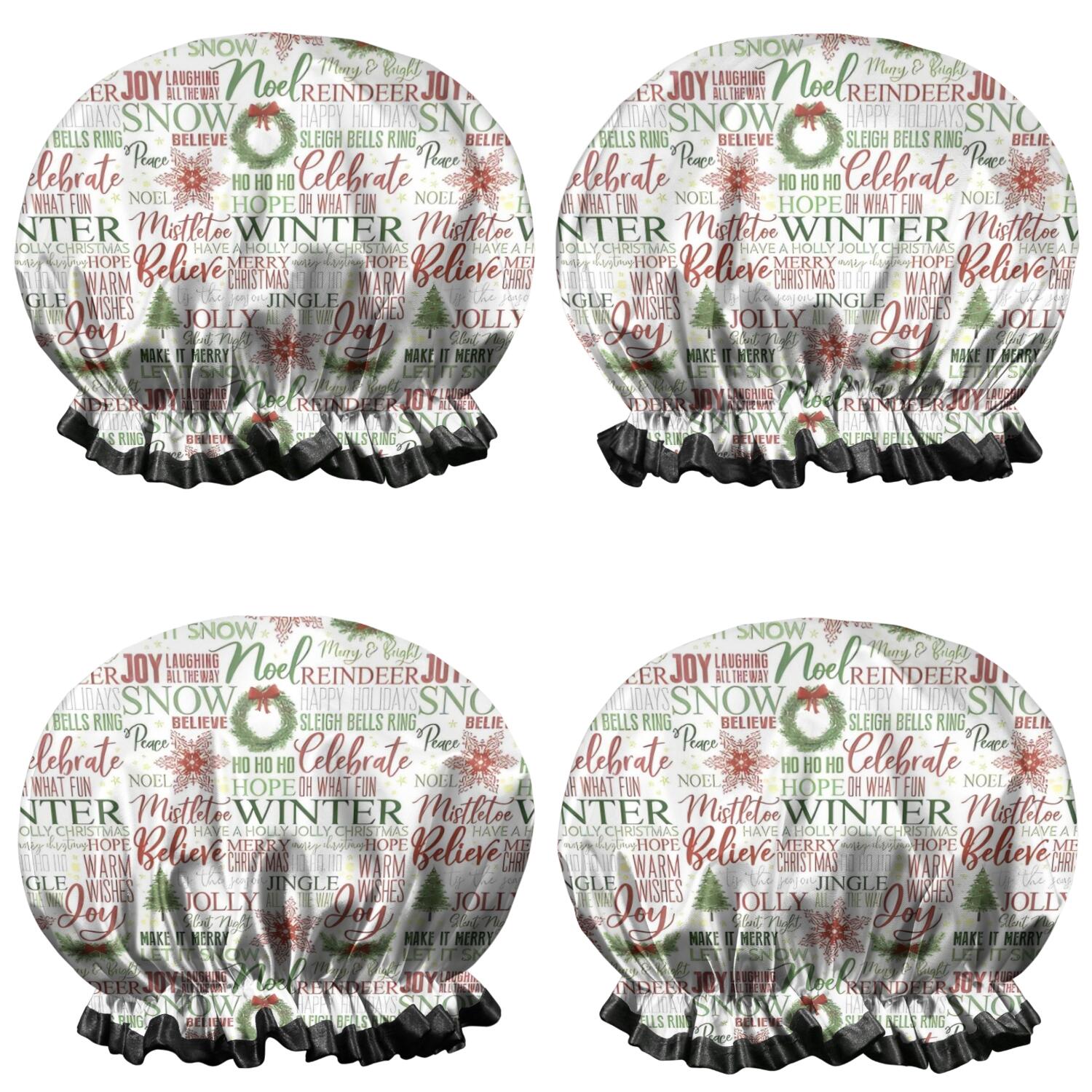 Shower Caps,Multicolor Christmas Word Pattern Waterproof Shower Cap for Women 4 Pieces,Double Reusable Hair Cover for Shower PEVA Elastic Stretch Hem