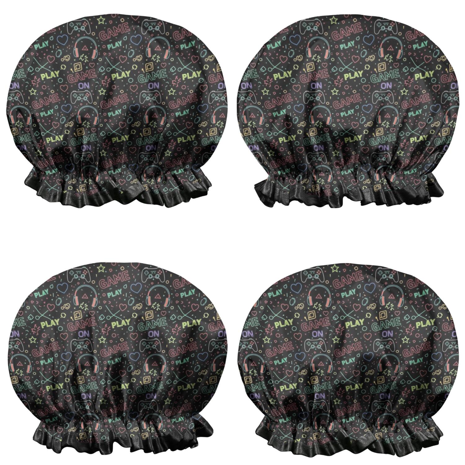 Shower Caps,Multicolor Controllers Games Icons Black Pattern Waterproof Shower Cap for Women 4 Pieces,Double Reusable Hair Cover for Shower PEVA Elastic Stretch Hem