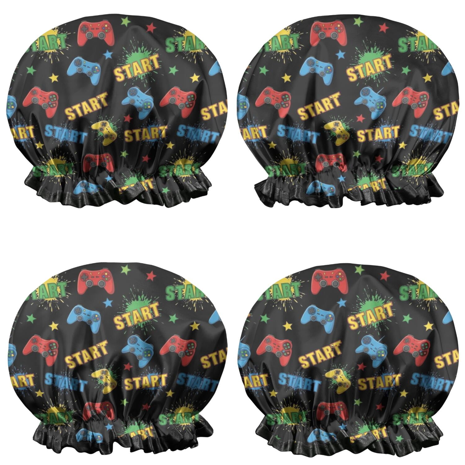 Shower Caps,Multicolor Controllers Games Icons Black Pattern Waterproof Shower Cap for Women 4 Pieces,Double Reusable Hair Cover for Shower PEVA Elastic Stretch Hem