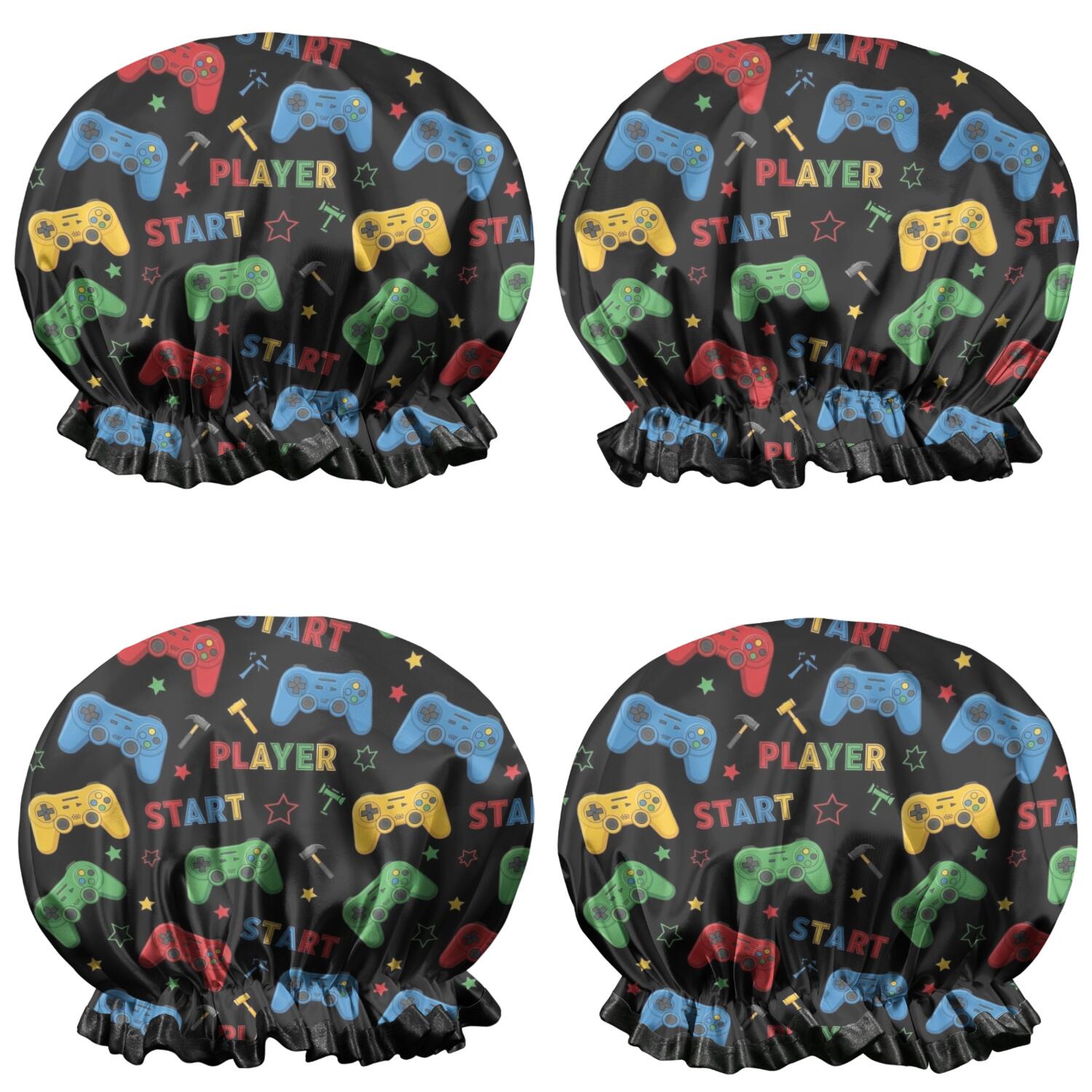 Shower Caps,Multicolor Controllers Games Text Black Pattern Waterproof Shower Cap for Women 4 Pieces,Double Reusable Hair Cover for Shower PEVA Elastic Stretch Hem