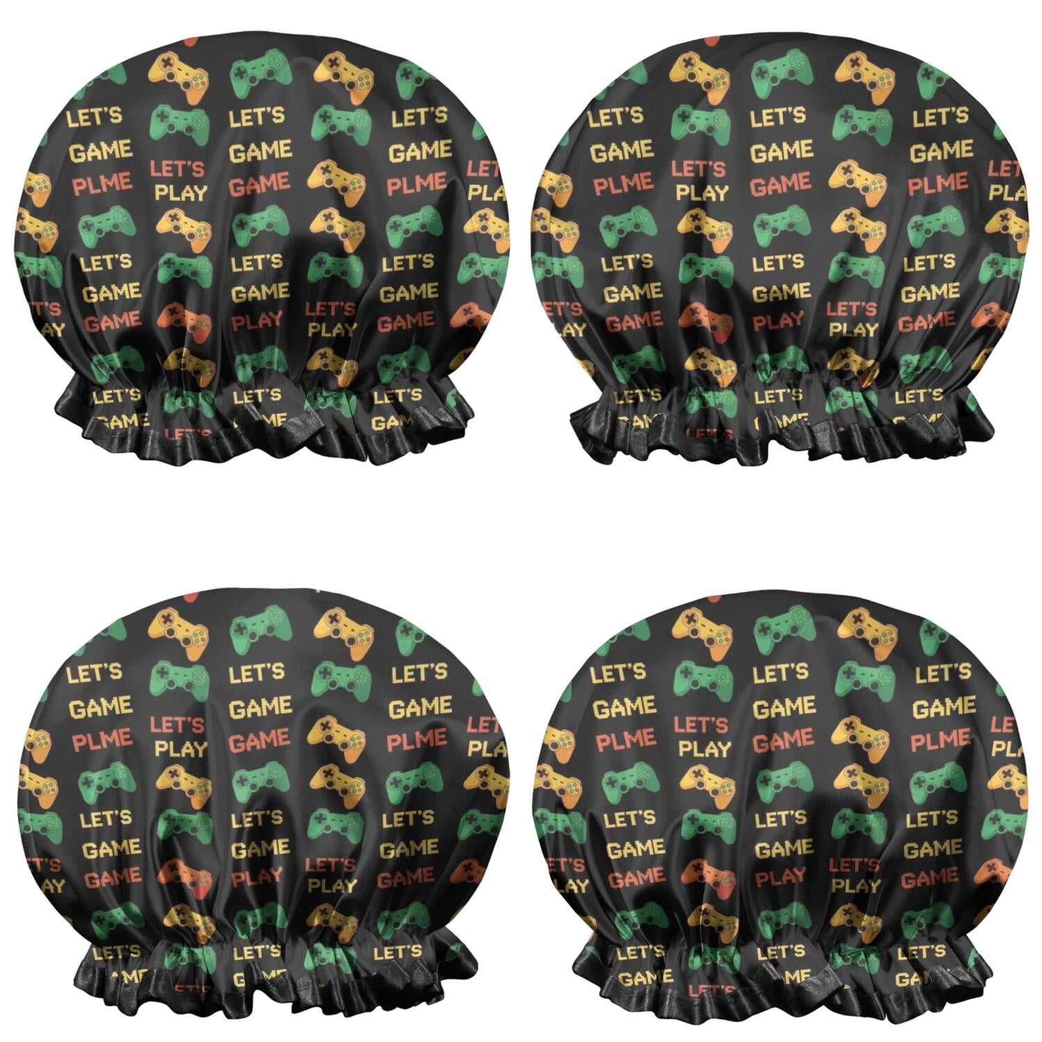 Shower Caps,Multicolor Controllers Games Text Black Pattern Waterproof Shower Cap for Women 4 Pieces,Double Reusable Hair Cover for Shower PEVA Elastic Stretch Hem