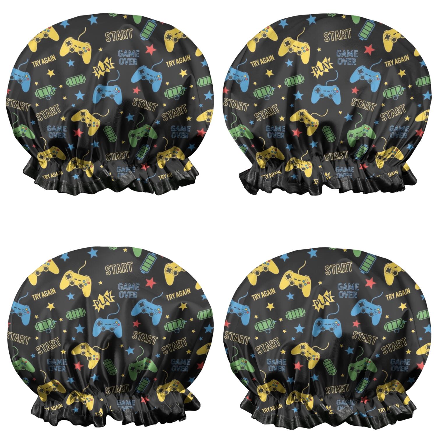 Shower Caps,Multicolor Controllers Games Text Black Pattern Waterproof Shower Cap for Women 4 Pieces,Double Reusable Hair Cover for Shower PEVA Elastic Stretch Hem