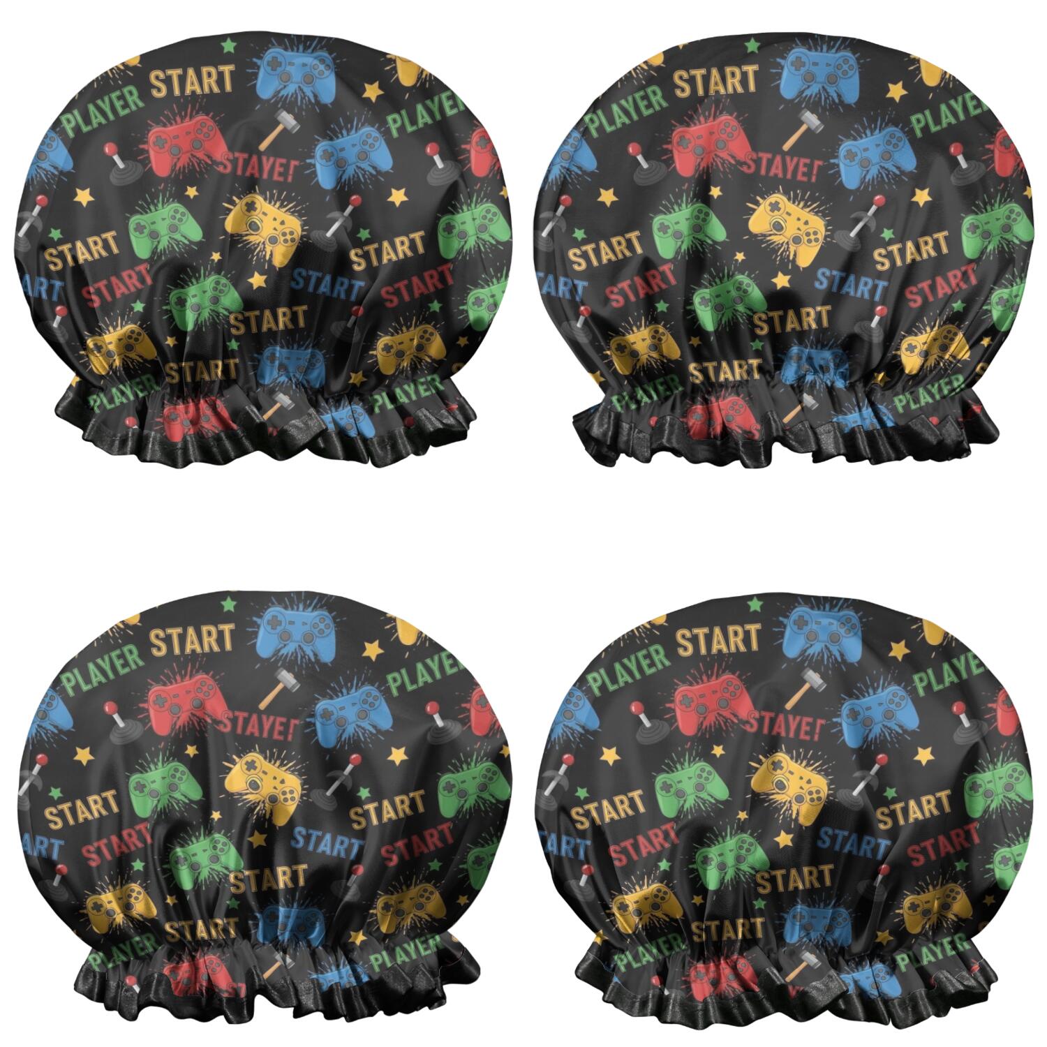 Shower Caps,Multicolor Controllers Games Text Black Pattern Waterproof Shower Cap for Women 4 Pieces,Double Reusable Hair Cover for Shower PEVA Elastic Stretch Hem