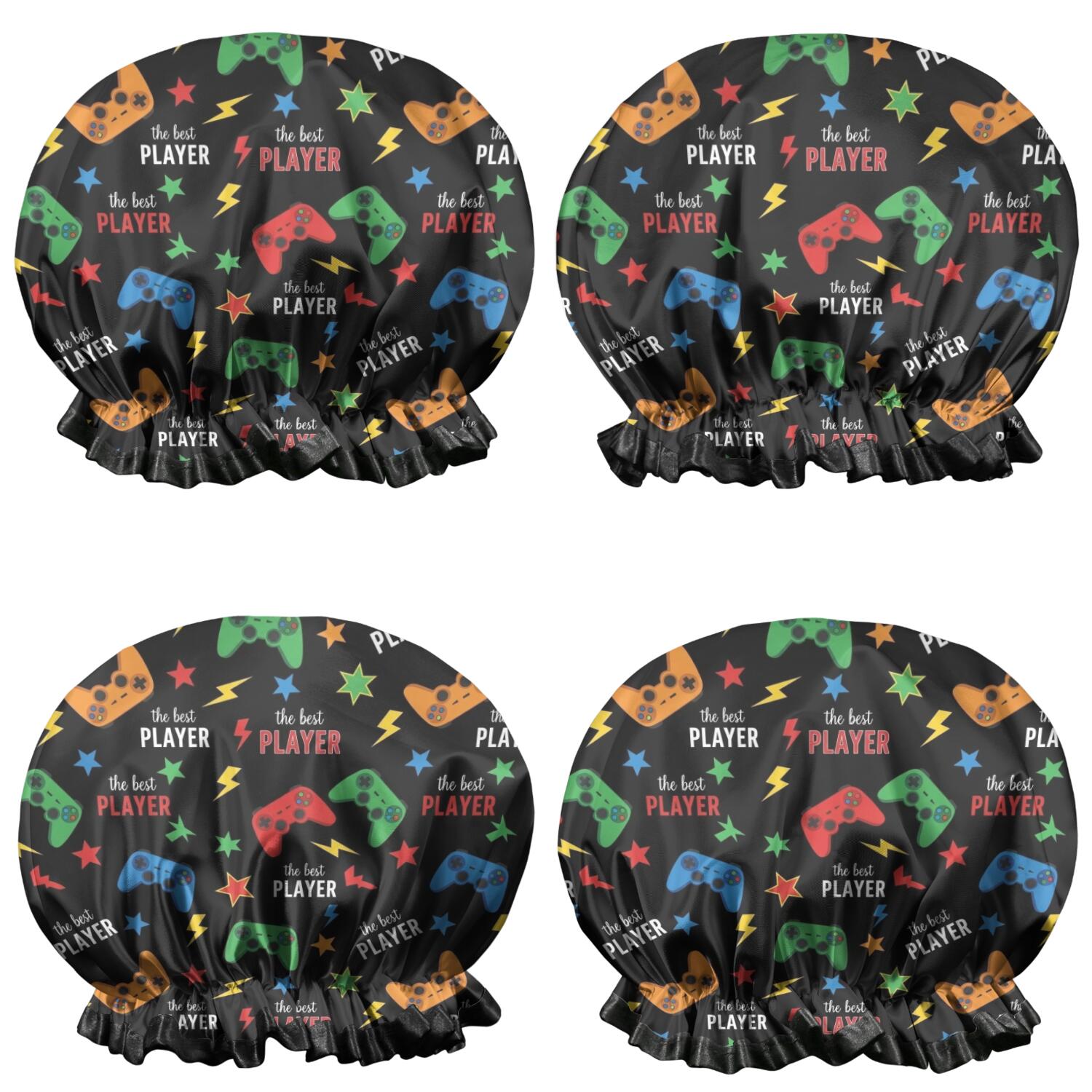 Shower Caps,Multicolor Controllers Games Text Black Pattern Waterproof Shower Cap for Women 4 Pieces,Double Reusable Hair Cover for Shower PEVA Elastic Stretch Hem