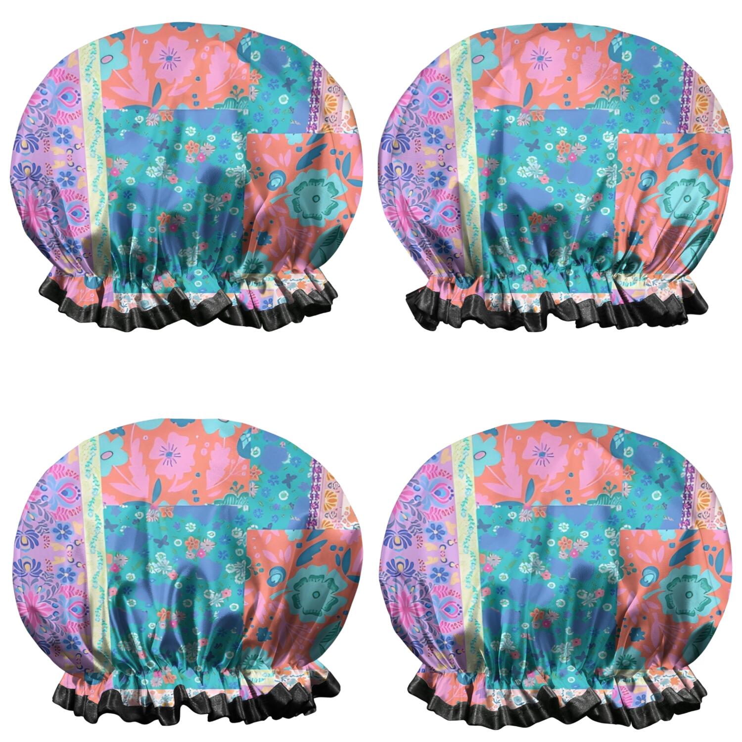 Shower Caps,Multicolor Ethnic Flower Patchwork Pattern Waterproof Shower Cap for Women 4 Pieces,Double Reusable Hair Cover for Shower PEVA Elastic Stretch Hem