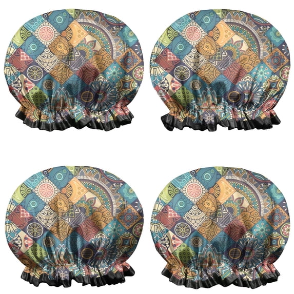 Shower Caps,Multicolor Ethnic Geometric and Floral Pattern Waterproof Shower Cap for Women 4 Pieces,Double Reusable Hair Cover for Shower PEVA Elastic Stretch Hem