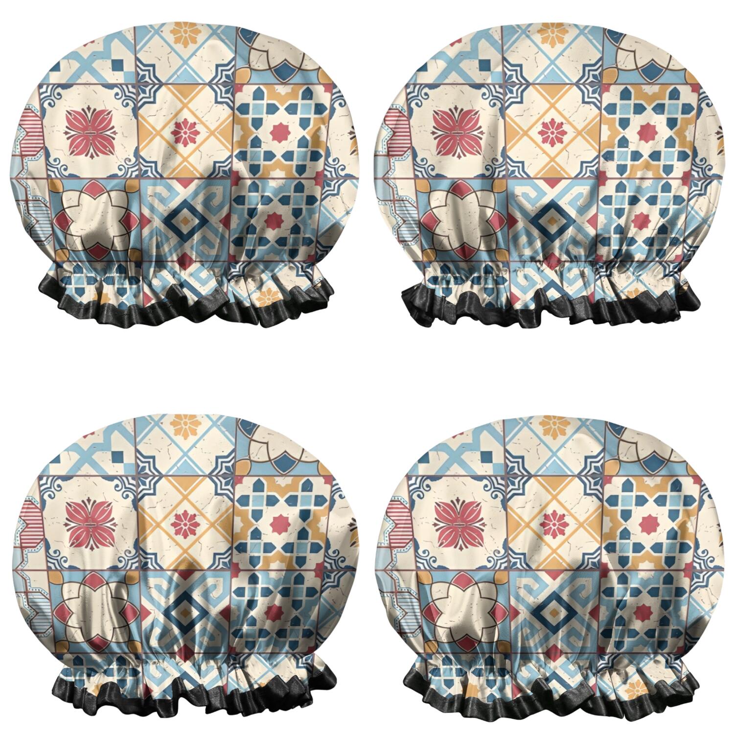 Shower Caps,Multicolor Ethnic Geometric Patchwork Pattern Waterproof Shower Cap for Women 4 Pieces,Double Reusable Hair Cover for Shower PEVA Elastic Stretch Hem