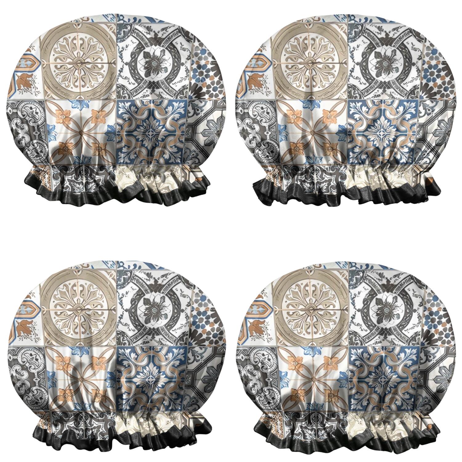 Shower Caps,Multicolor Ethnic Geometric Patchwork Pattern Waterproof Shower Cap for Women 4 Pieces,Double Reusable Hair Cover for Shower PEVA Elastic Stretch Hem