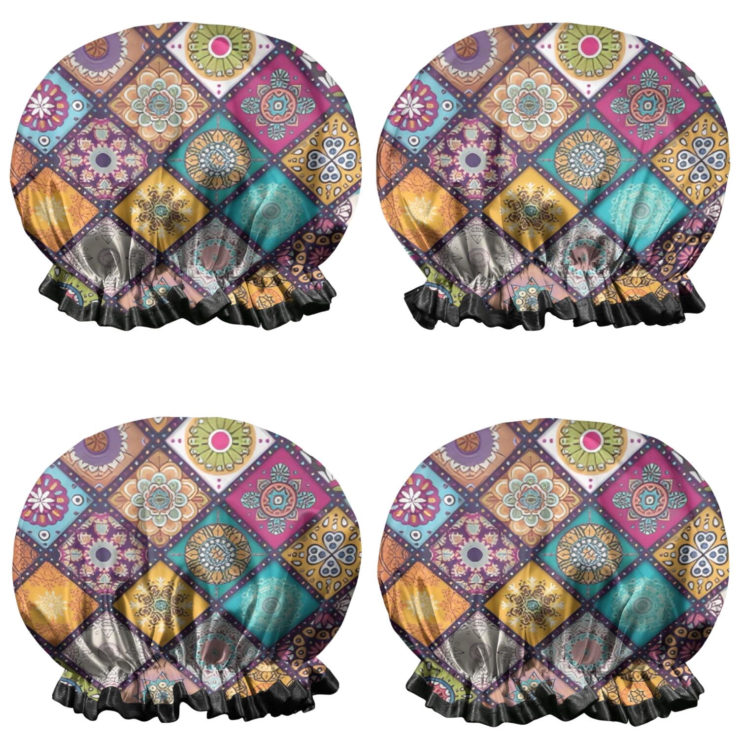 Shower Caps,Multicolor Ethnic Geometric Patchwork Pattern Waterproof Shower Cap for Women 4 Pieces,Double Reusable Hair Cover for Shower PEVA Elastic Stretch Hem