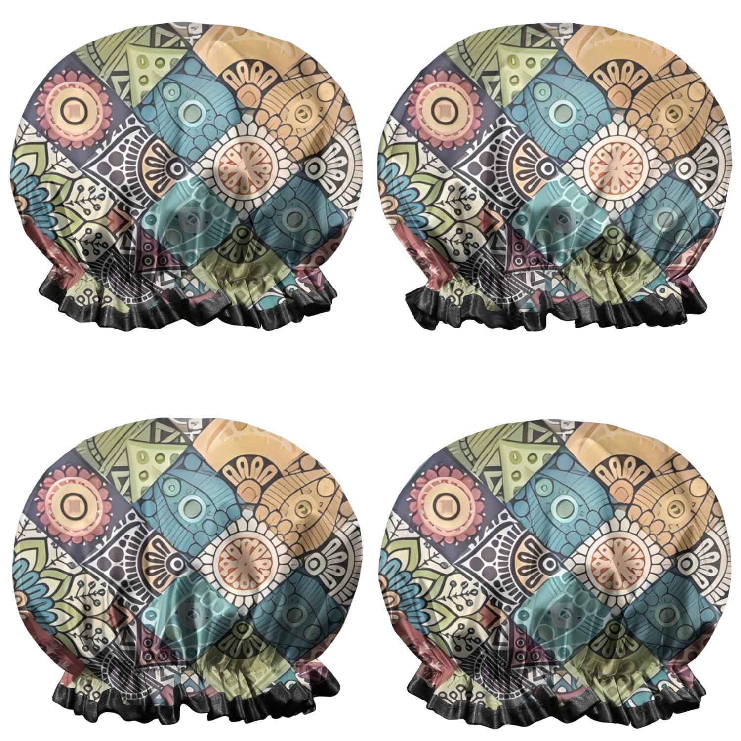Shower Caps,Multicolor Ethnic Geometric Pattern Waterproof Shower Cap for Women 4 Pieces,Double Reusable Hair Cover for Shower PEVA Elastic Stretch Hem