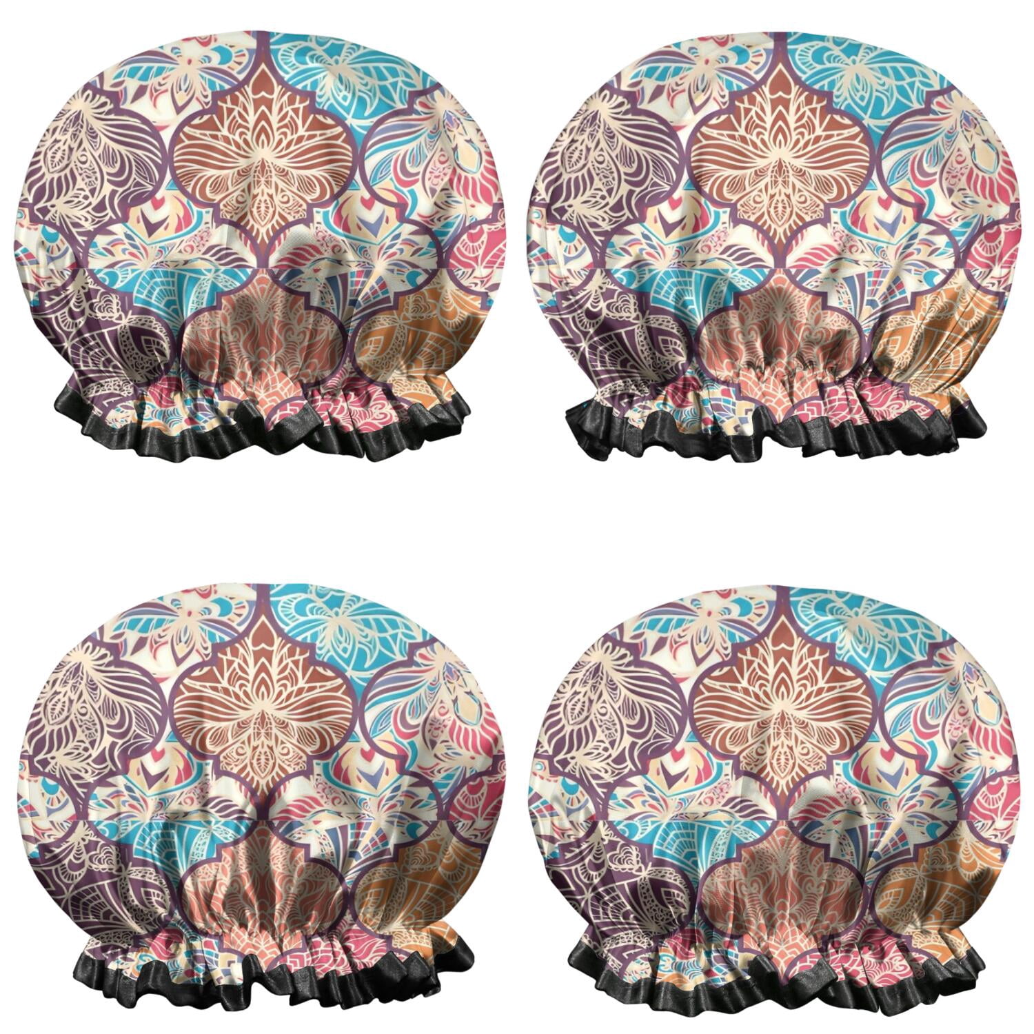 Shower Caps,Multicolor Ethnic Geometric Pattern Waterproof Shower Cap for Women 4 Pieces,Double Reusable Hair Cover for Shower PEVA Elastic Stretch Hem