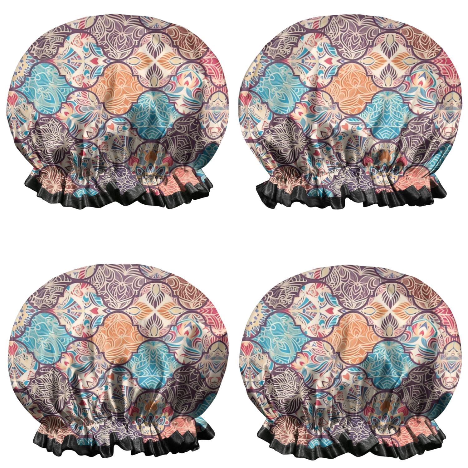 Shower Caps,Multicolor Ethnic Geometric Pattern Waterproof Shower Cap for Women 4 Pieces,Double Reusable Hair Cover for Shower PEVA Elastic Stretch Hem