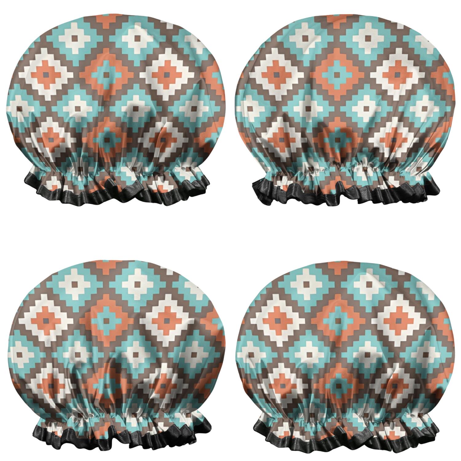 Shower Caps,Multicolor Ethnic Geometric Pattern Waterproof Shower Cap for Women 4 Pieces,Double Reusable Hair Cover for Shower PEVA Elastic Stretch Hem