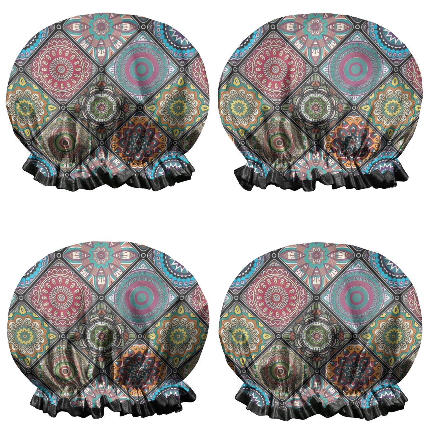 Shower Caps,Multicolor Ethnic Mandala Pattern Waterproof Shower Cap for Women 4 Pieces,Double Reusable Hair Cover for Shower PEVA Elastic Stretch Hem