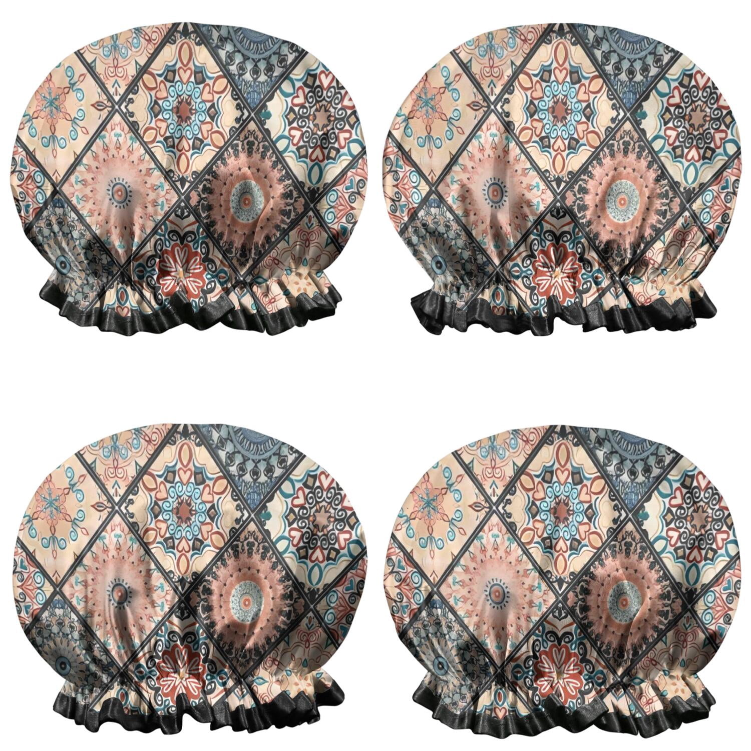 Shower Caps,Multicolor Ethnic Mandala Pattern Waterproof Shower Cap for Women 4 Pieces,Double Reusable Hair Cover for Shower PEVA Elastic Stretch Hem